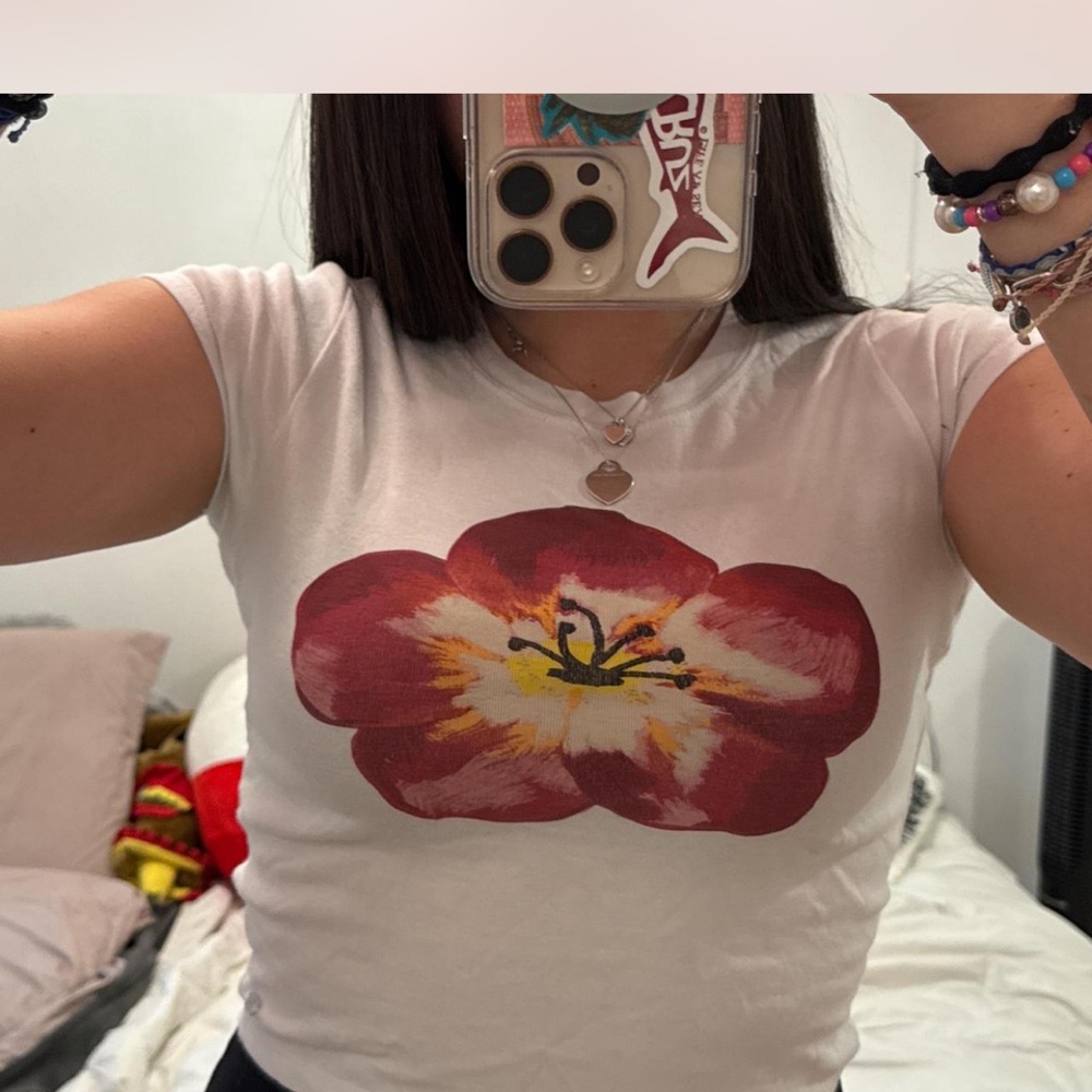 Pull&Bear White Red Crop Top Fitted Short Sleeve